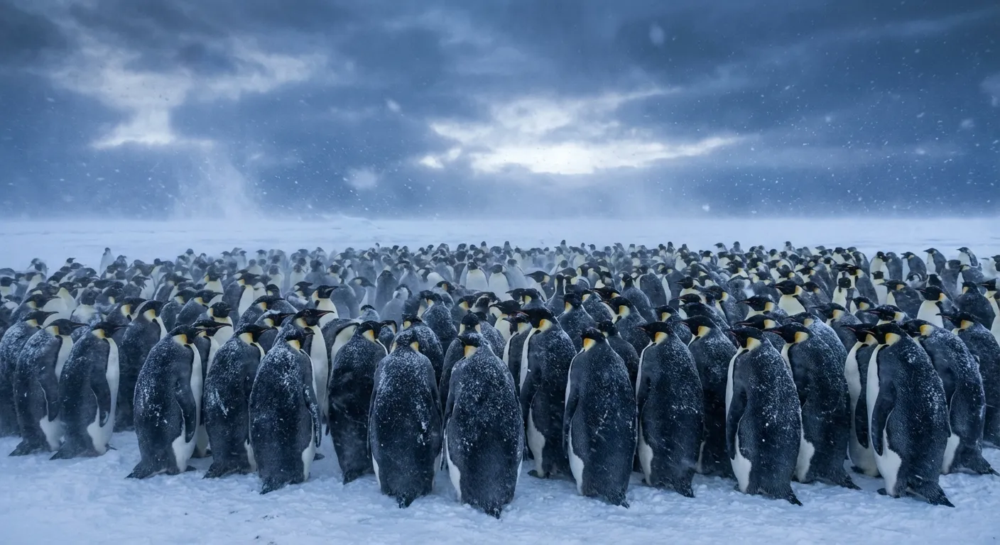 Emperor penguins huddled together in a massive group during Antarctic winter