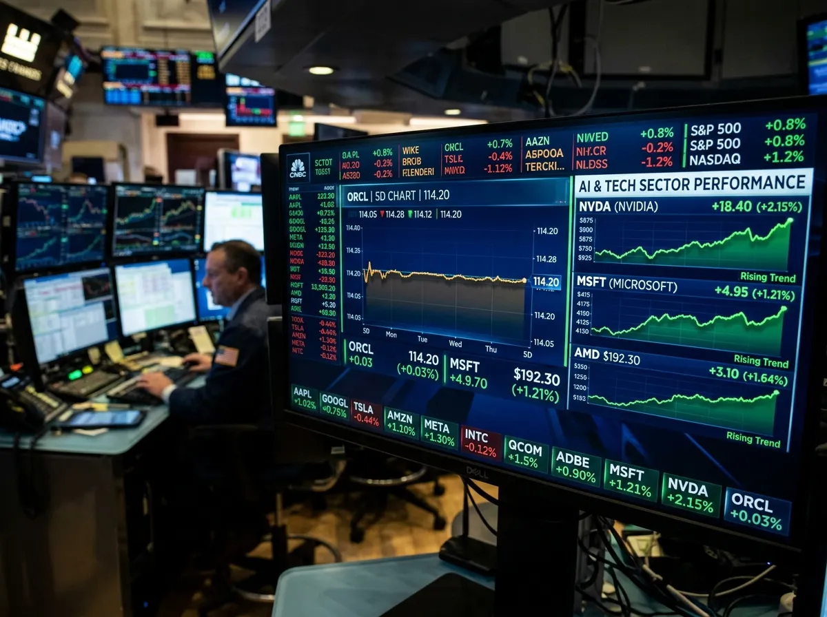 Financial trading screens showing Oracle stock price alongside AI sector performance