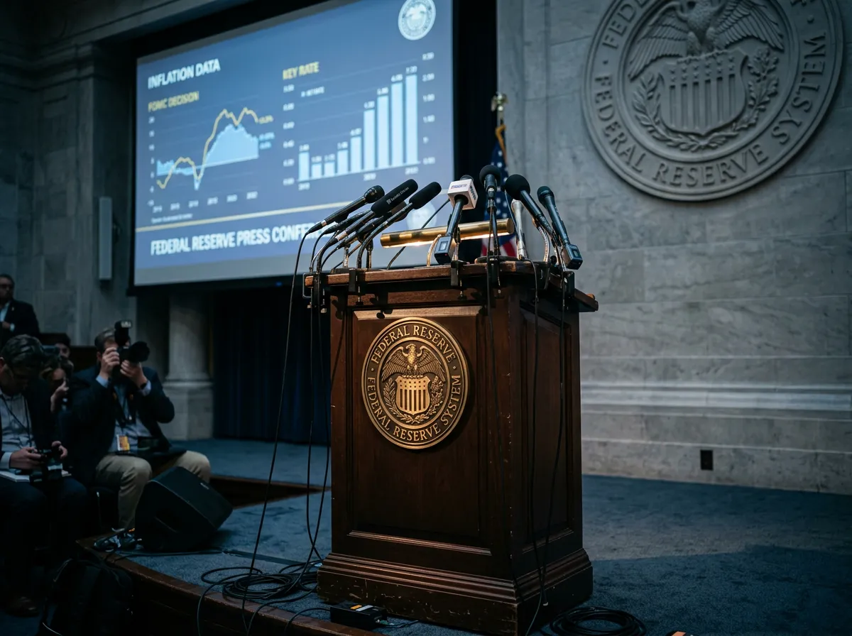 Federal Reserve Chair Jerome Powell at a podium during a press conference
