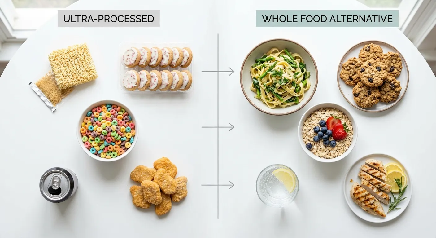 Side-by-side comparison of ultra-processed foods versus whole food alternatives