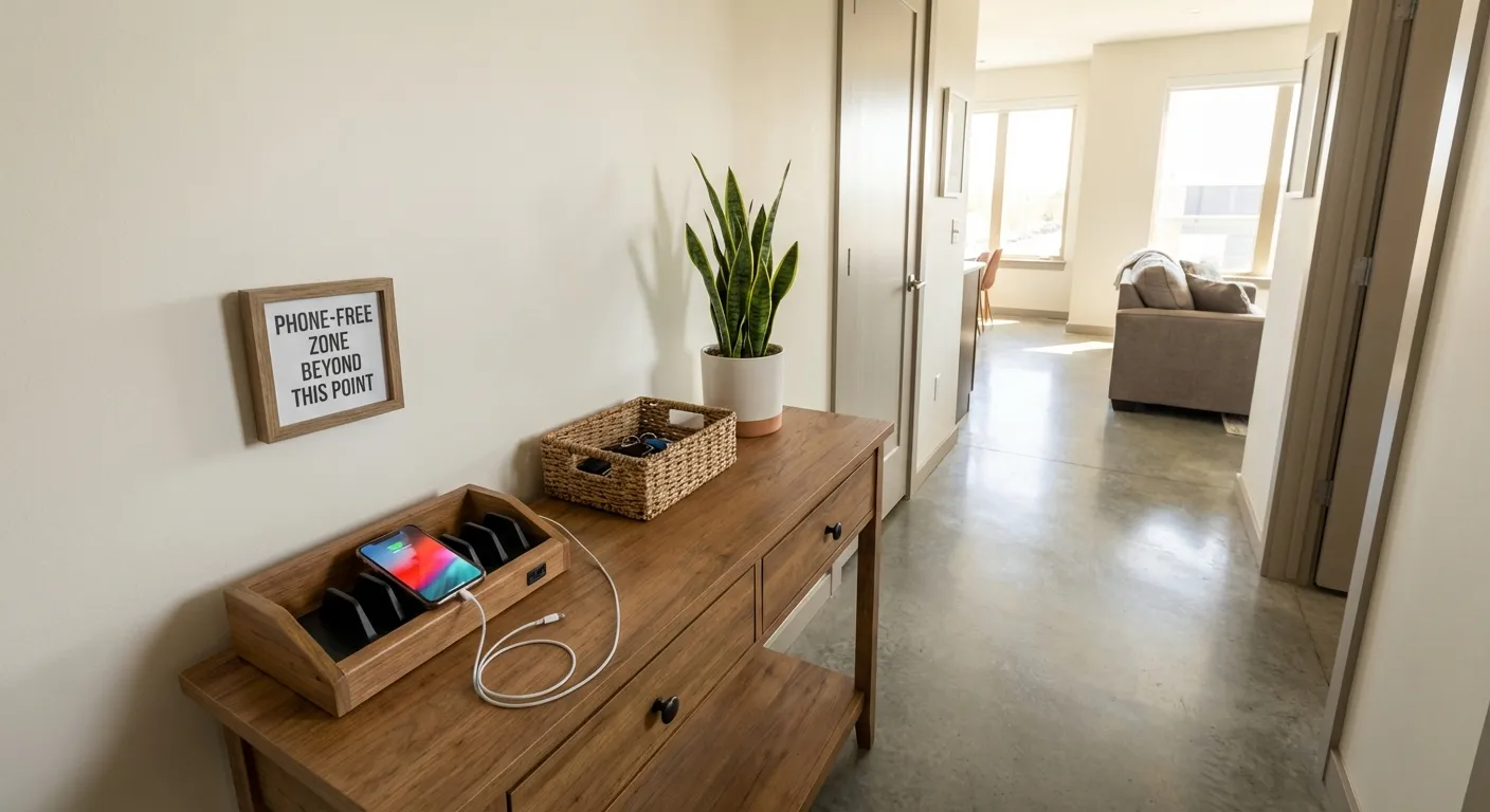 Phone charging station outside bedroom door showing phone-free sleep environment