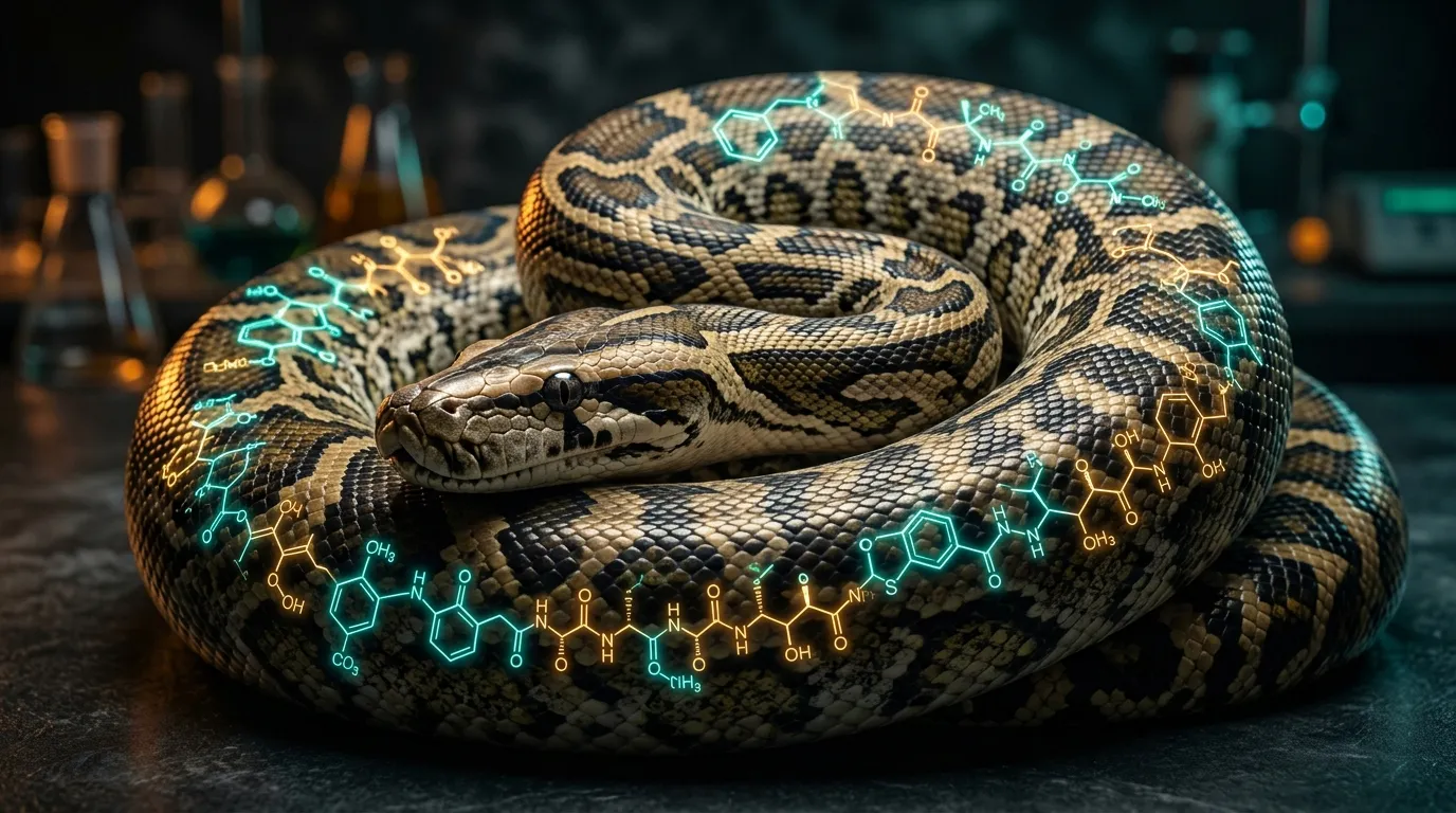 Coiled Burmese python with glowing molecular structures overlaid on its body