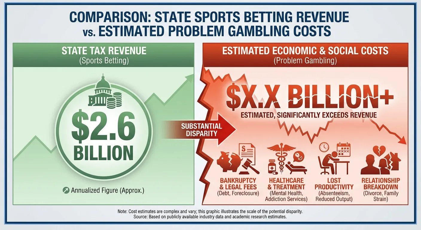Infographic comparing sports betting tax revenue to problem gambling costs