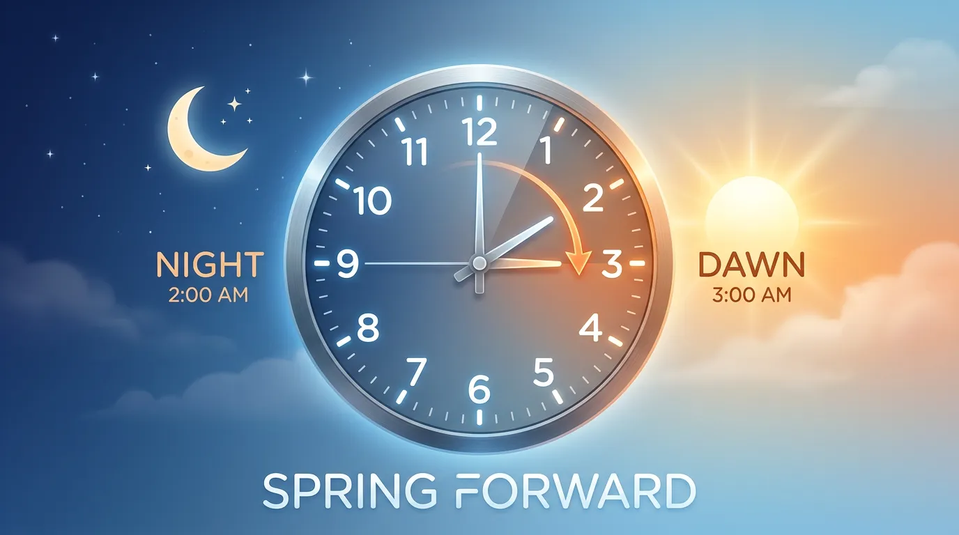Clock showing 2 AM with arrow pointing forward to 3 AM for spring forward