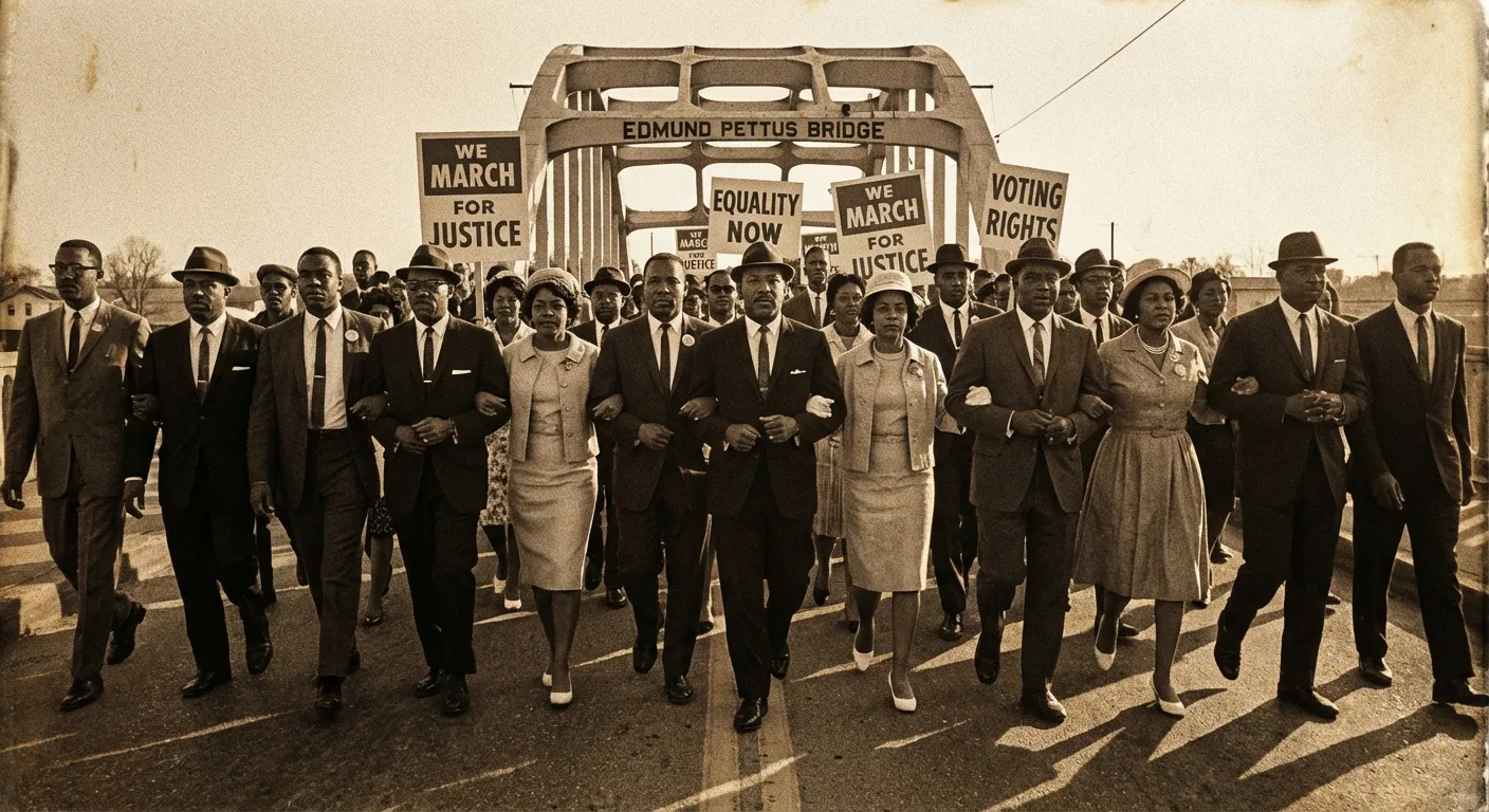 Civil rights marchers walking arm in arm across a bridge in the American South