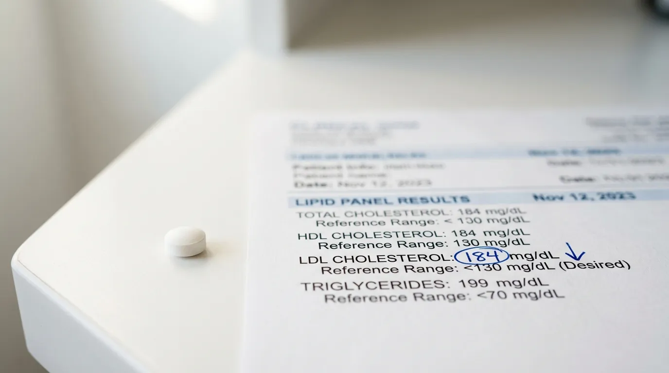 Single white pill on a clean surface next to a cholesterol test result showing dramatically lowered LDL levels