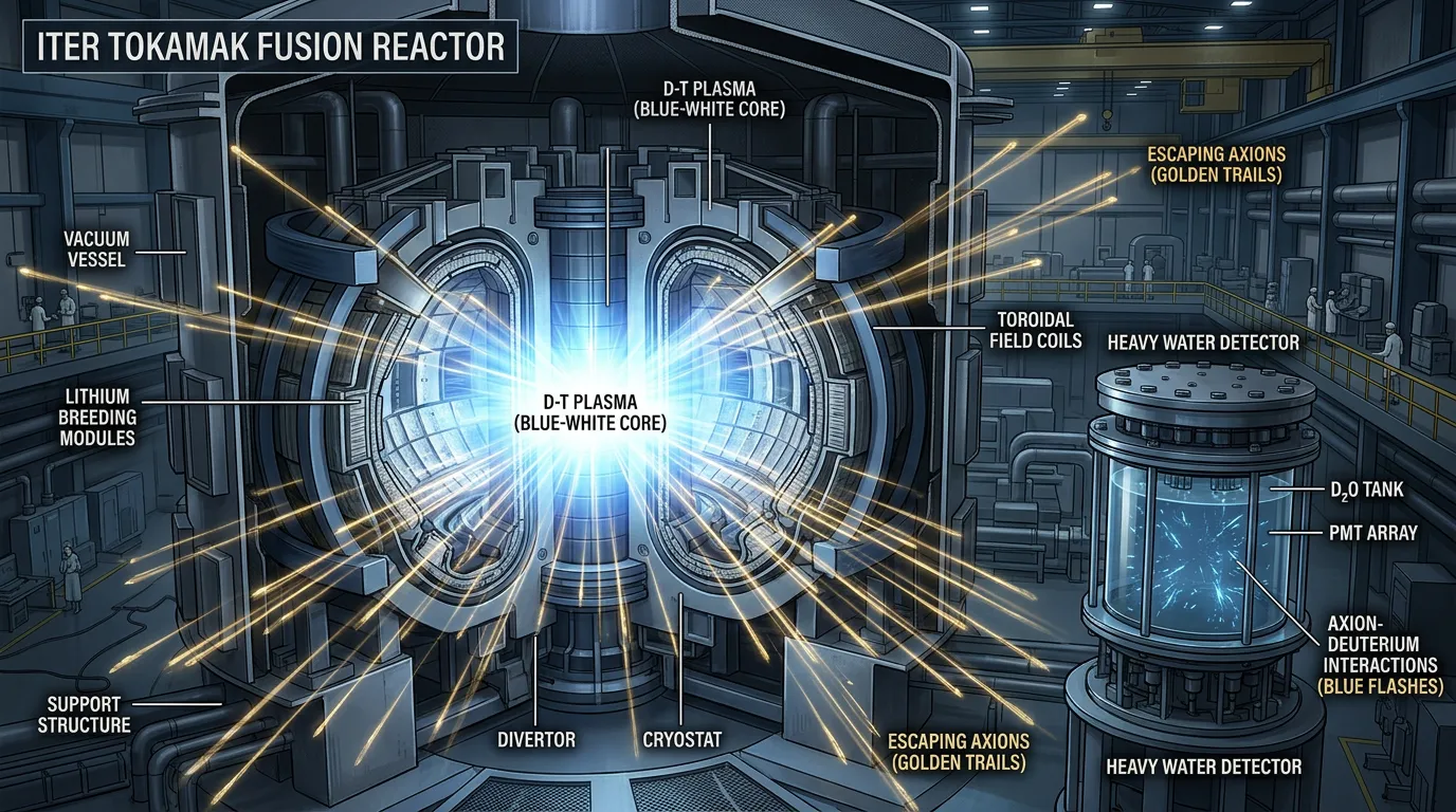Cutaway illustration of the ITER fusion reactor with hypothetical axion particles streaming outward