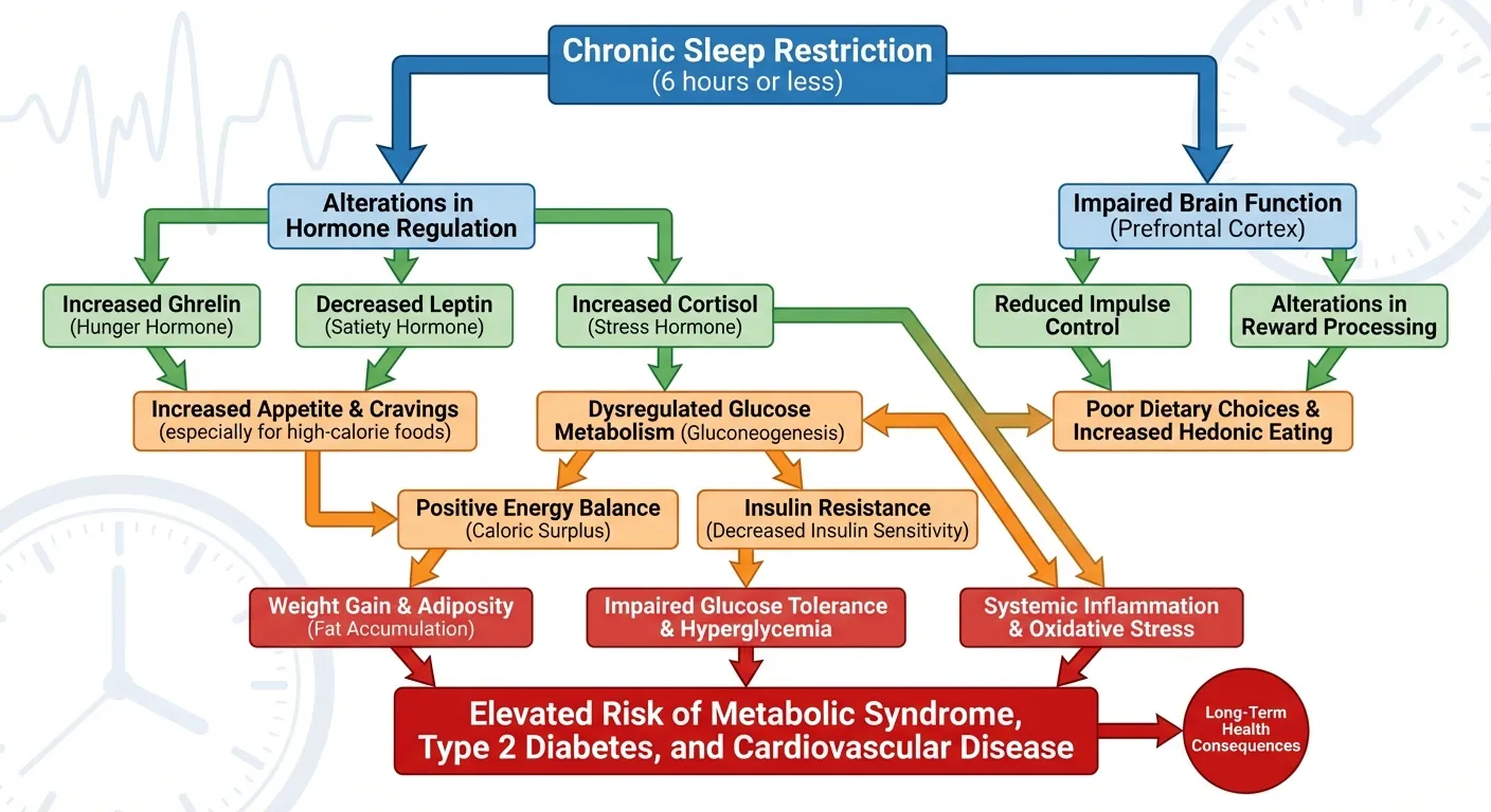 Diagram showing metabolic cascade from sleep deprivation to insulin resistance, weight gain, and cardiovascular disease