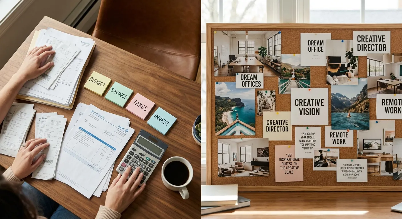 Person organizing financial documents alongside a vision board showing career goals