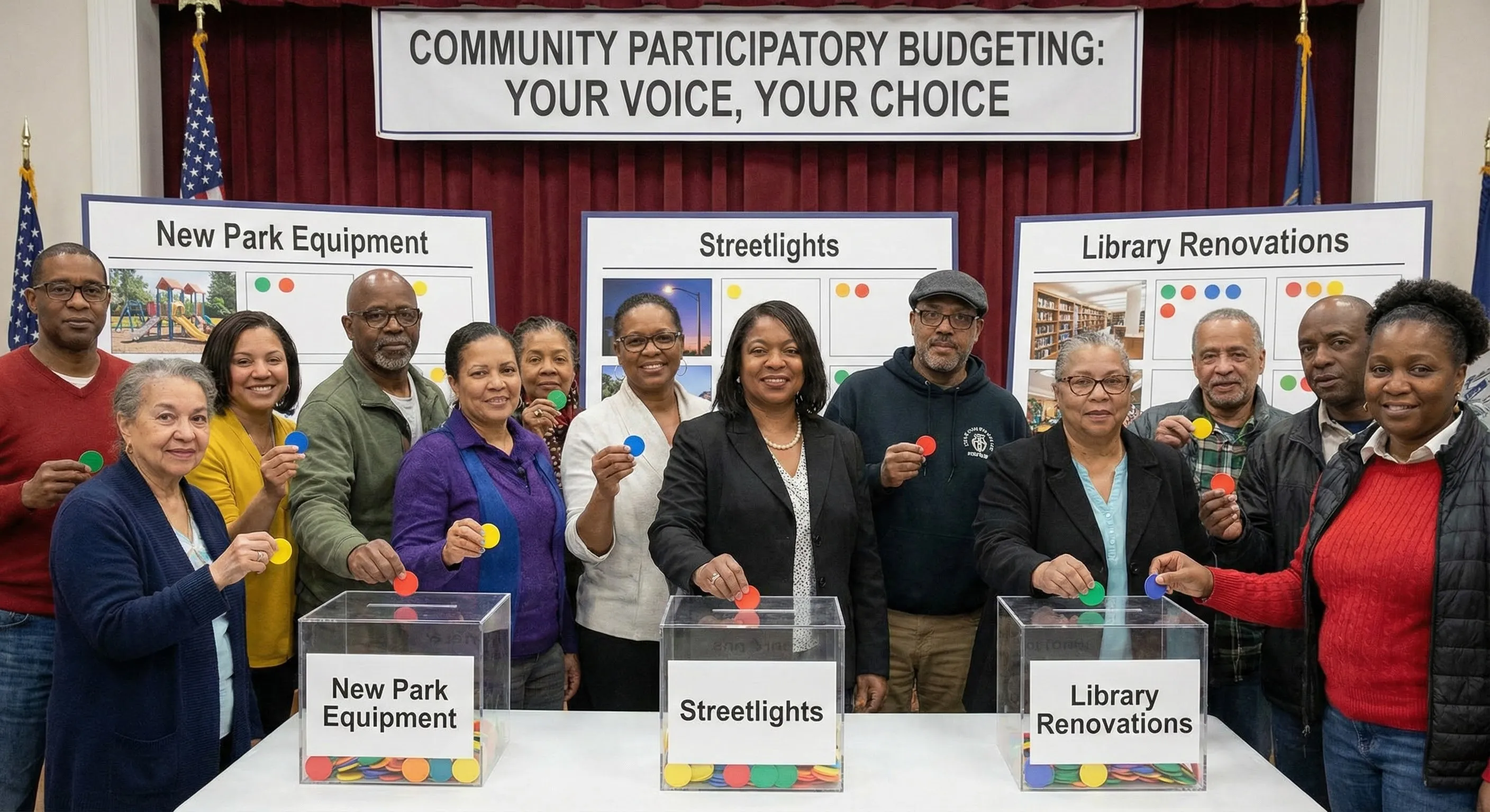 Diverse group of citizens voting on community budget priorities at a participatory budgeting meeting