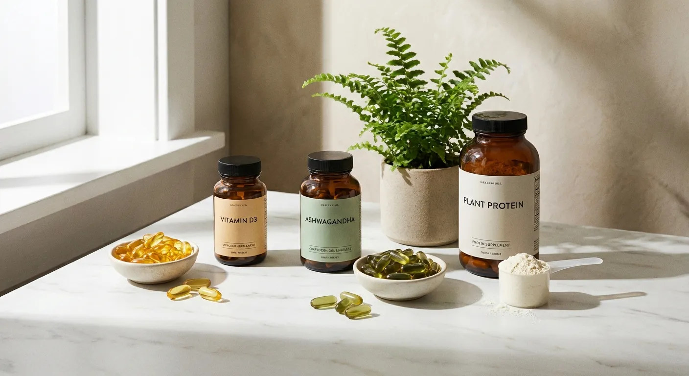 Modern supplement bottles and capsules arranged on clean surface with natural lighting