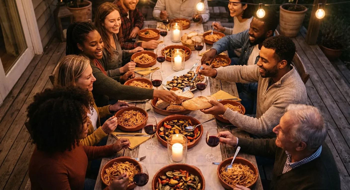 Friends gathered around a warmly lit dinner table sharing food and conversation