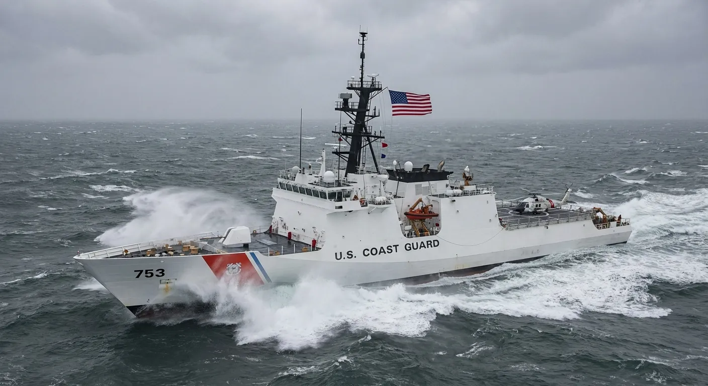 Coast Guard cutter ship on patrol in rough ocean waters