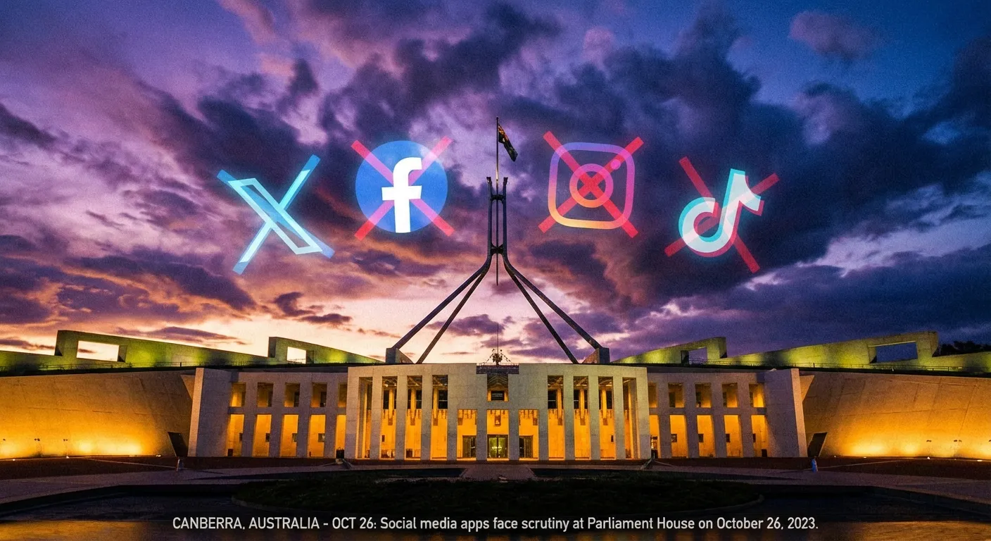 Australian parliament building with digital overlay showing social media icons