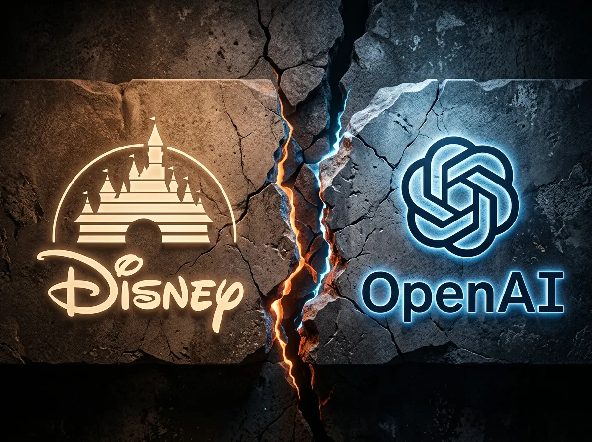 The Disney and OpenAI logos side by side with a crack running between them