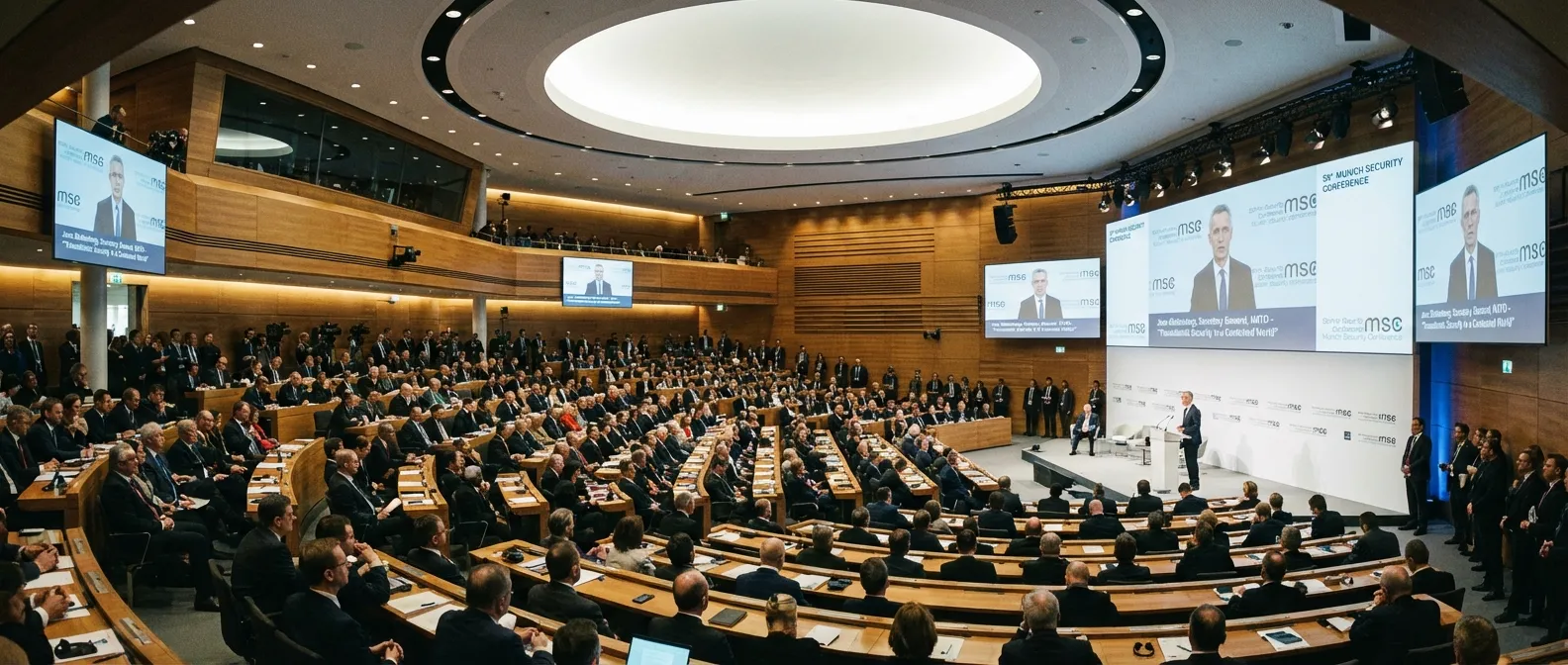 The Munich Security Conference hall filled with diplomats and world leaders