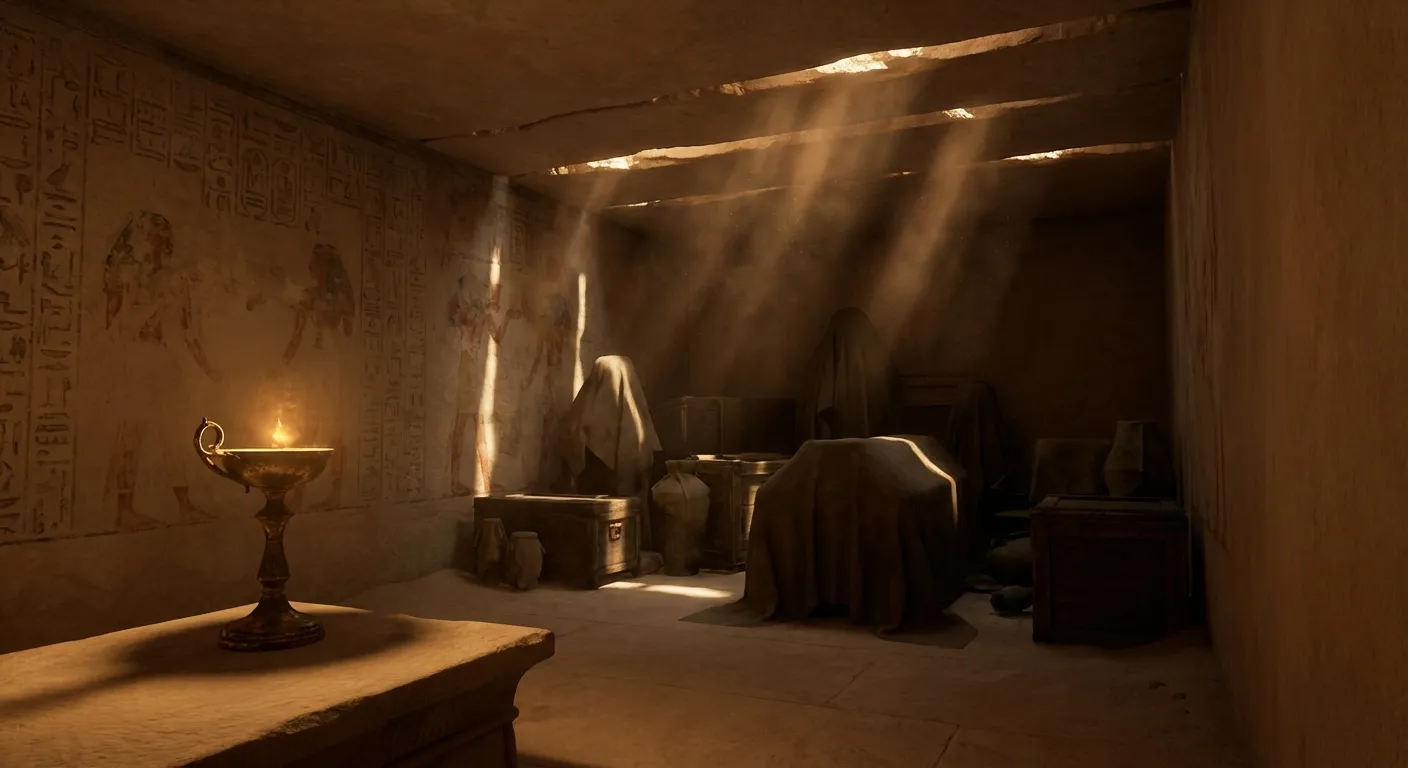 Artistic interpretation of possible hidden chamber with ancient Egyptian artifacts and hieroglyphics