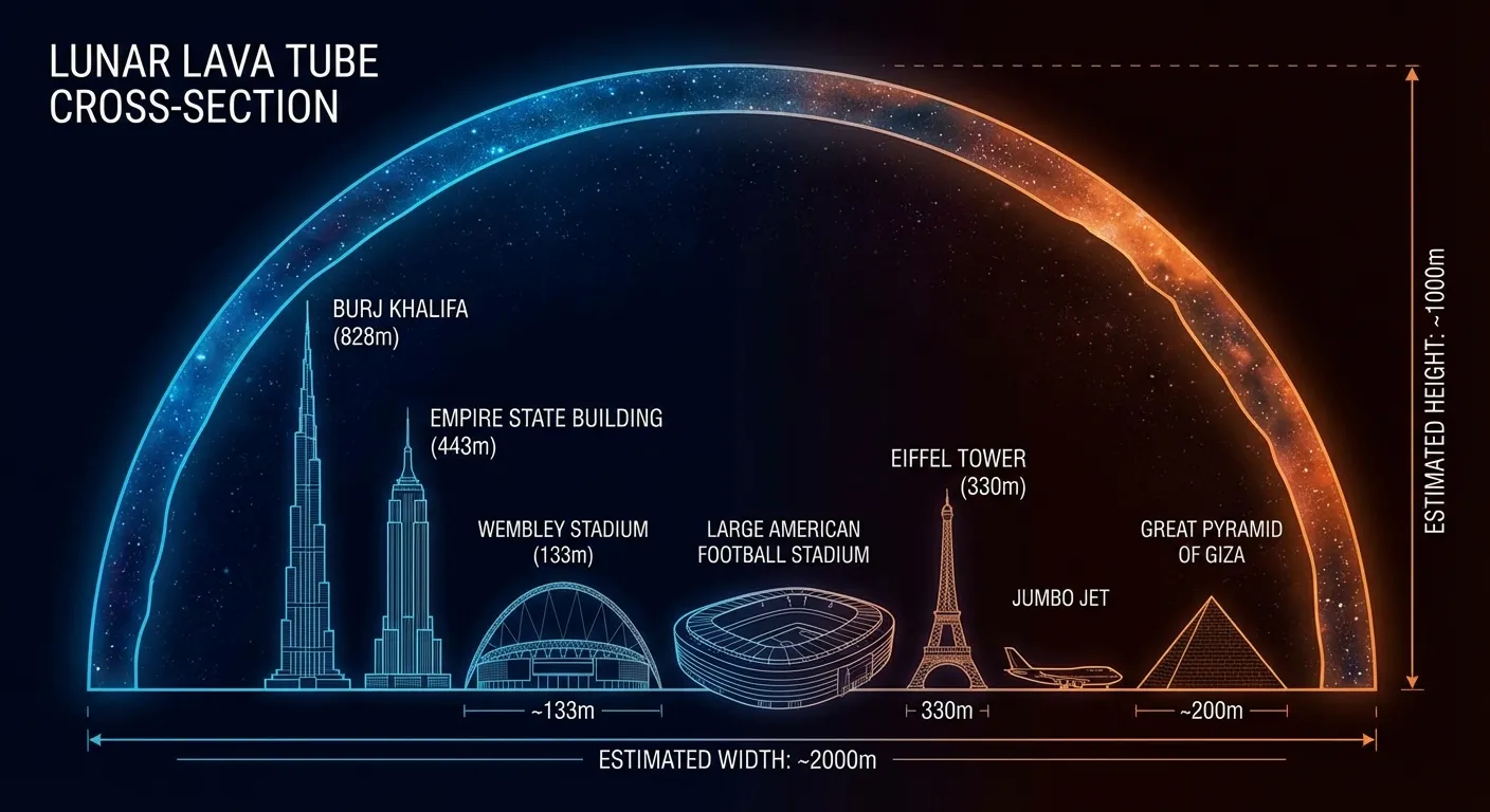 Scale comparison showing lunar lava tube width versus familiar Earth structures and cities