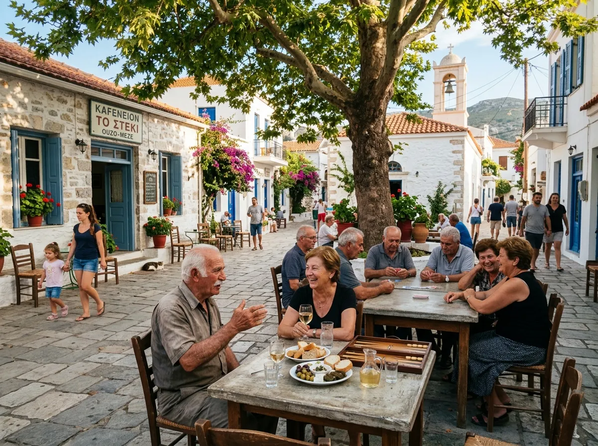 Elderly people gathered in a Mediterranean village square sharing food and conversation in afternoon light