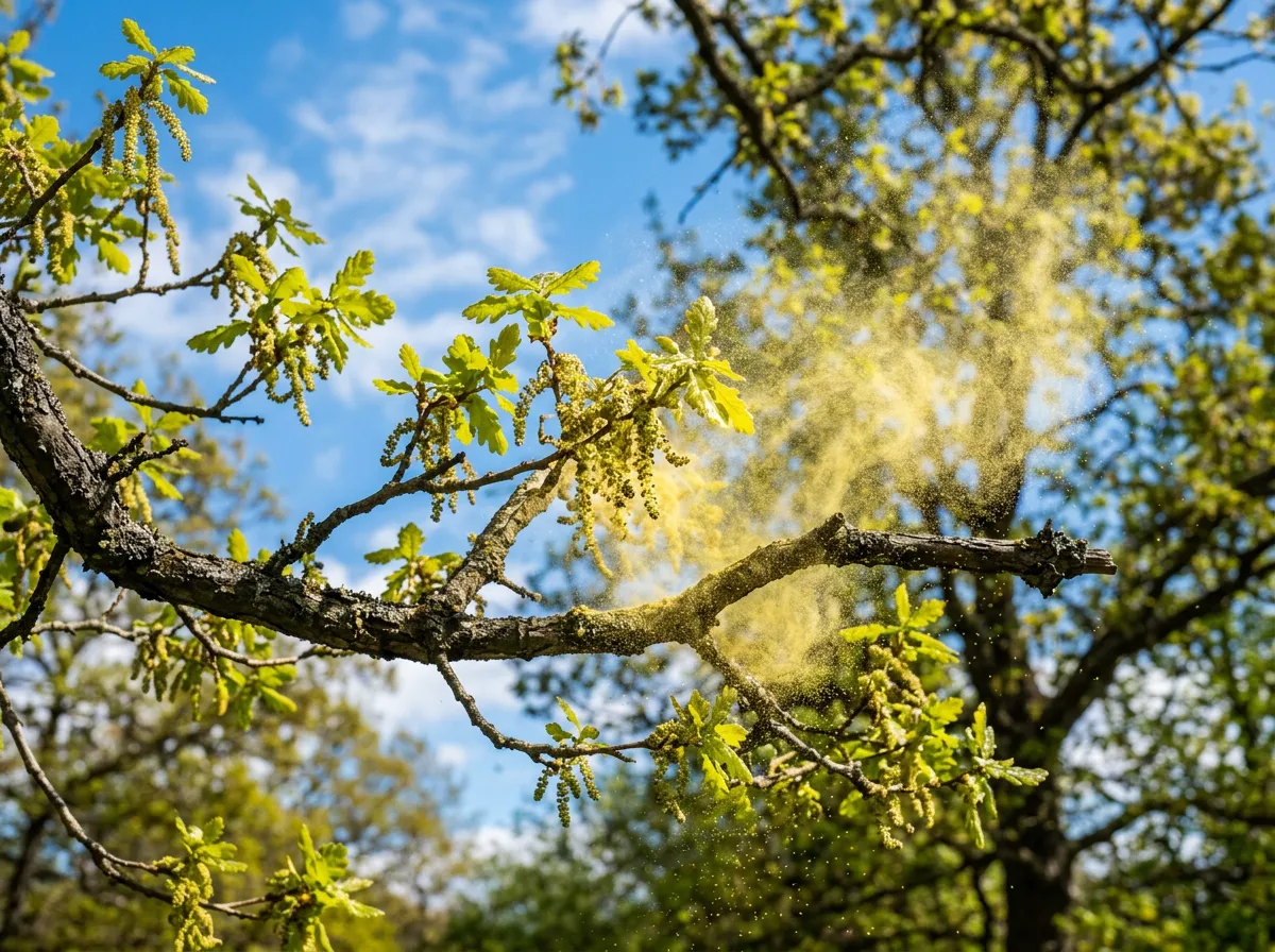 Close-up of tree branches releasing yellow pollen clouds against a blue spring sky