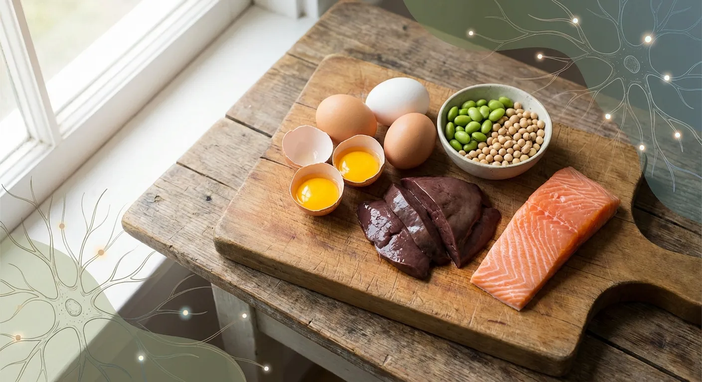 Eggs and other choline-rich foods arranged on a wooden cutting board with brain health theme