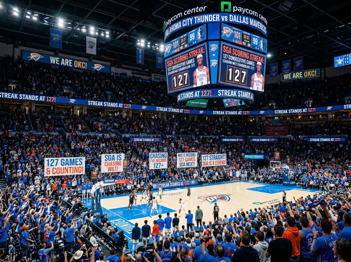 Oklahoma City Thunder arena packed with fans holding signs about the scoring record