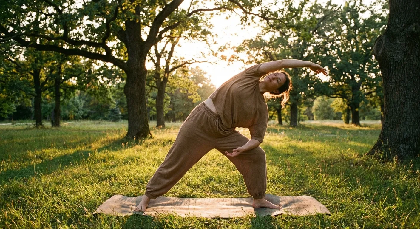 Person doing gentle stretching and mobility work in peaceful outdoor setting