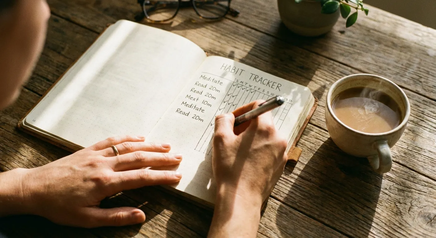 Person writing in a habit tracker journal with morning coffee, sunlight on the pages