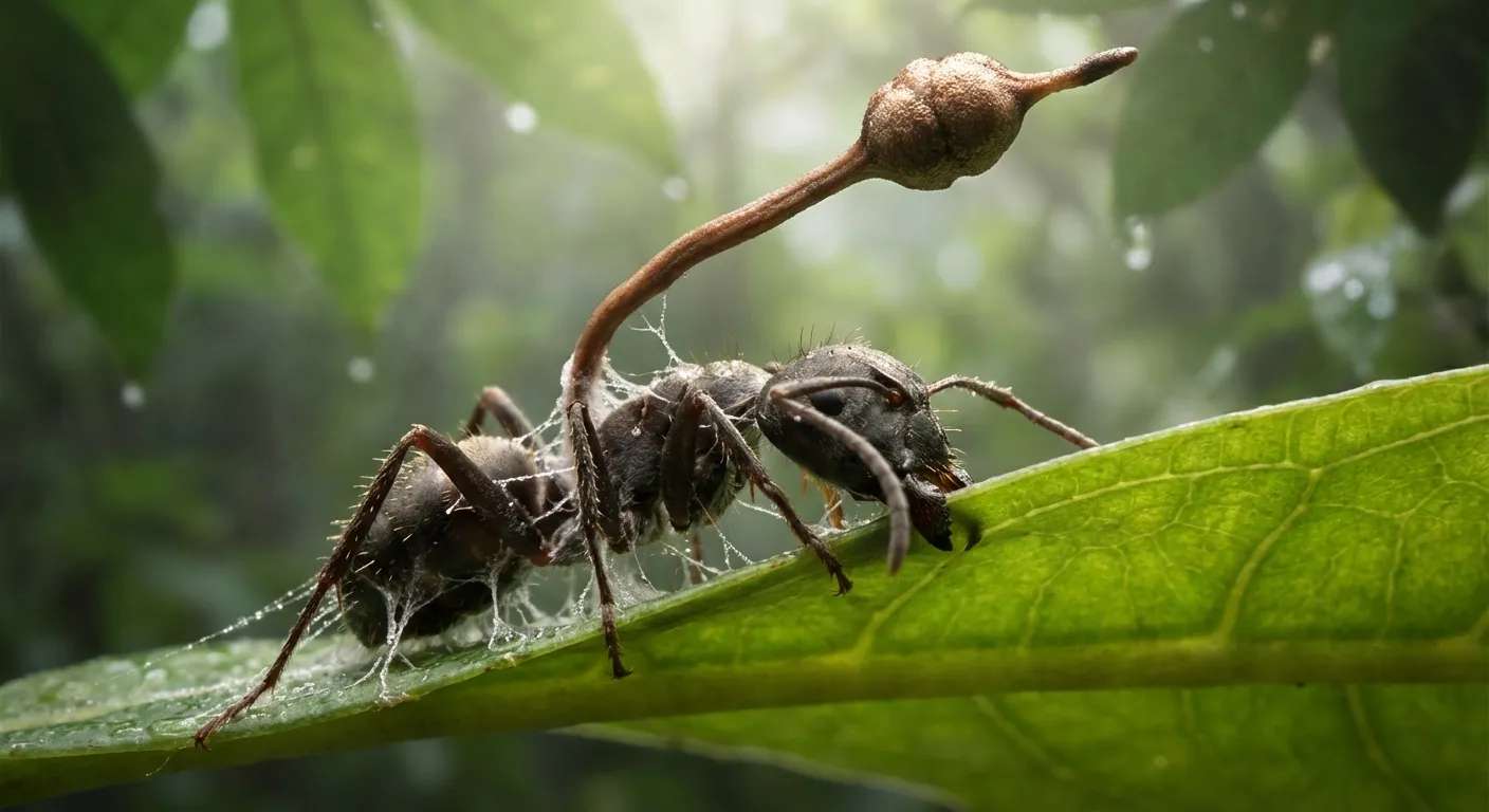 Carpenter ant on a leaf with Ophiocordyceps fungal stalk erupting from its head in a misty rainforest