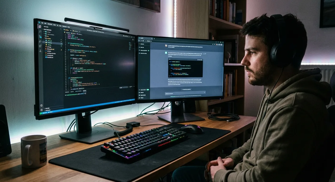 Developer reviewing code output from an AI coding assistant on dual monitors