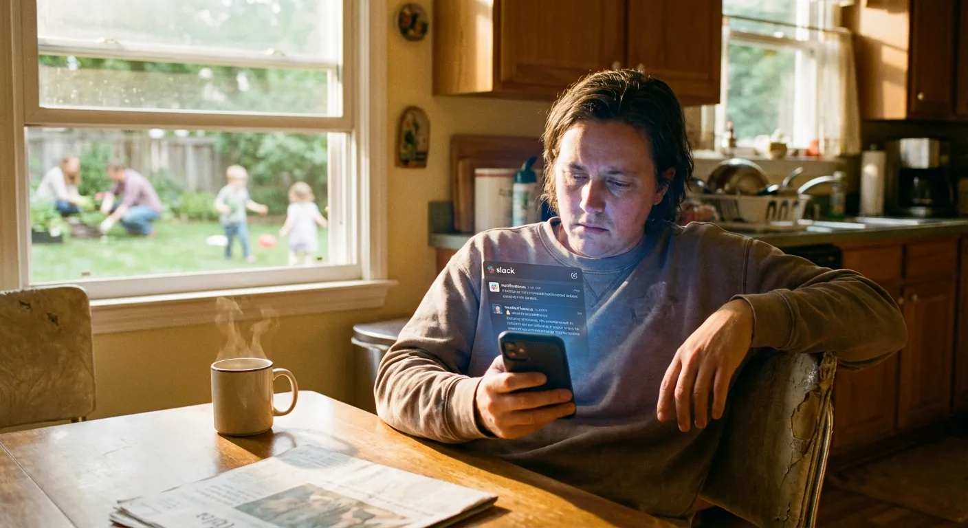 Person checking phone notifications on a Saturday morning representing always-on work culture