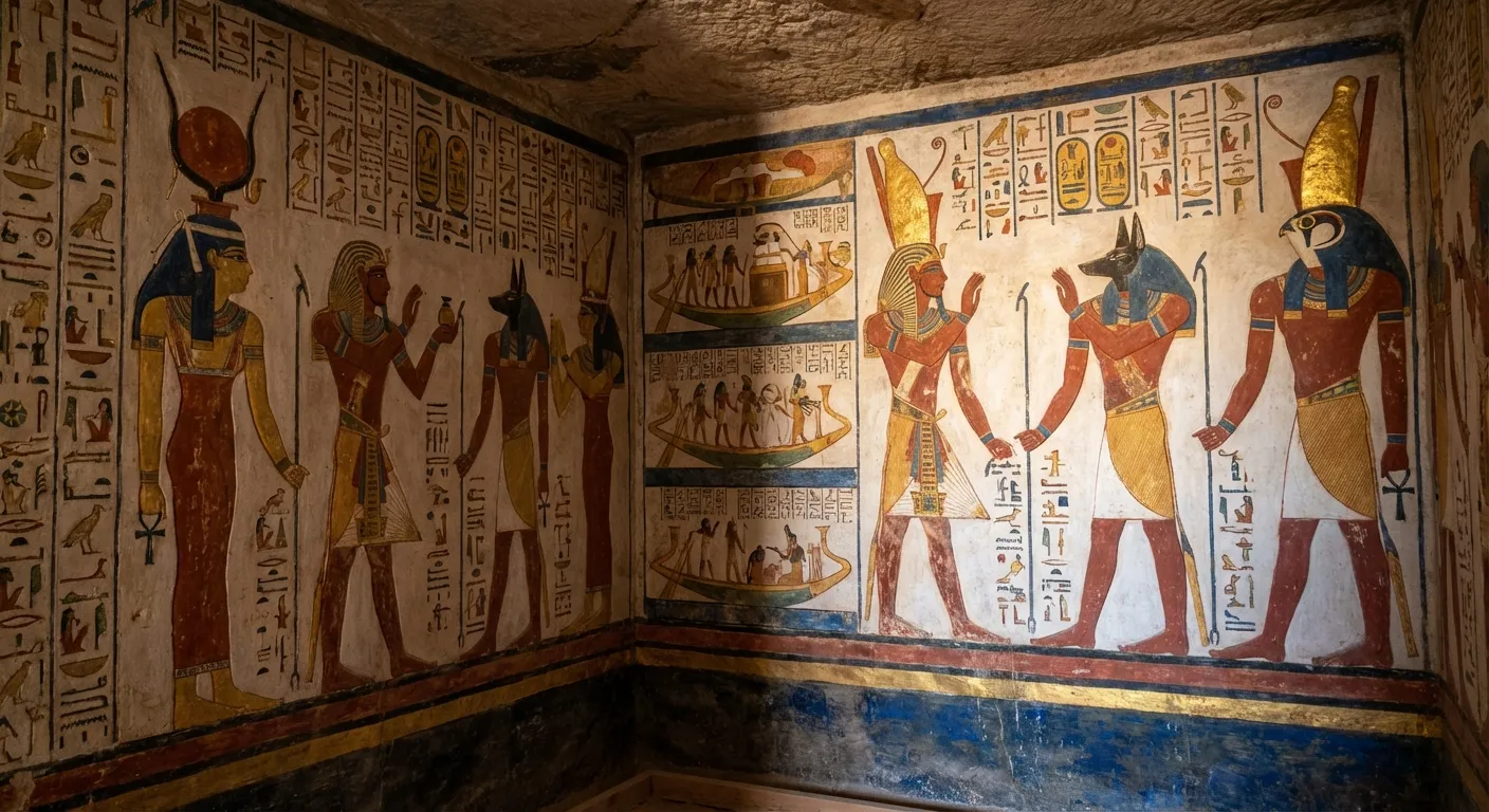 Hieroglyphic inscriptions and painted murals inside ancient Egyptian royal tomb