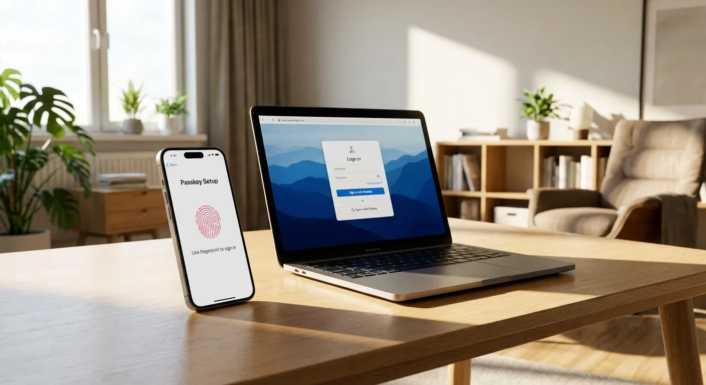Smartphone showing passkey fingerprint prompt next to laptop with login screen