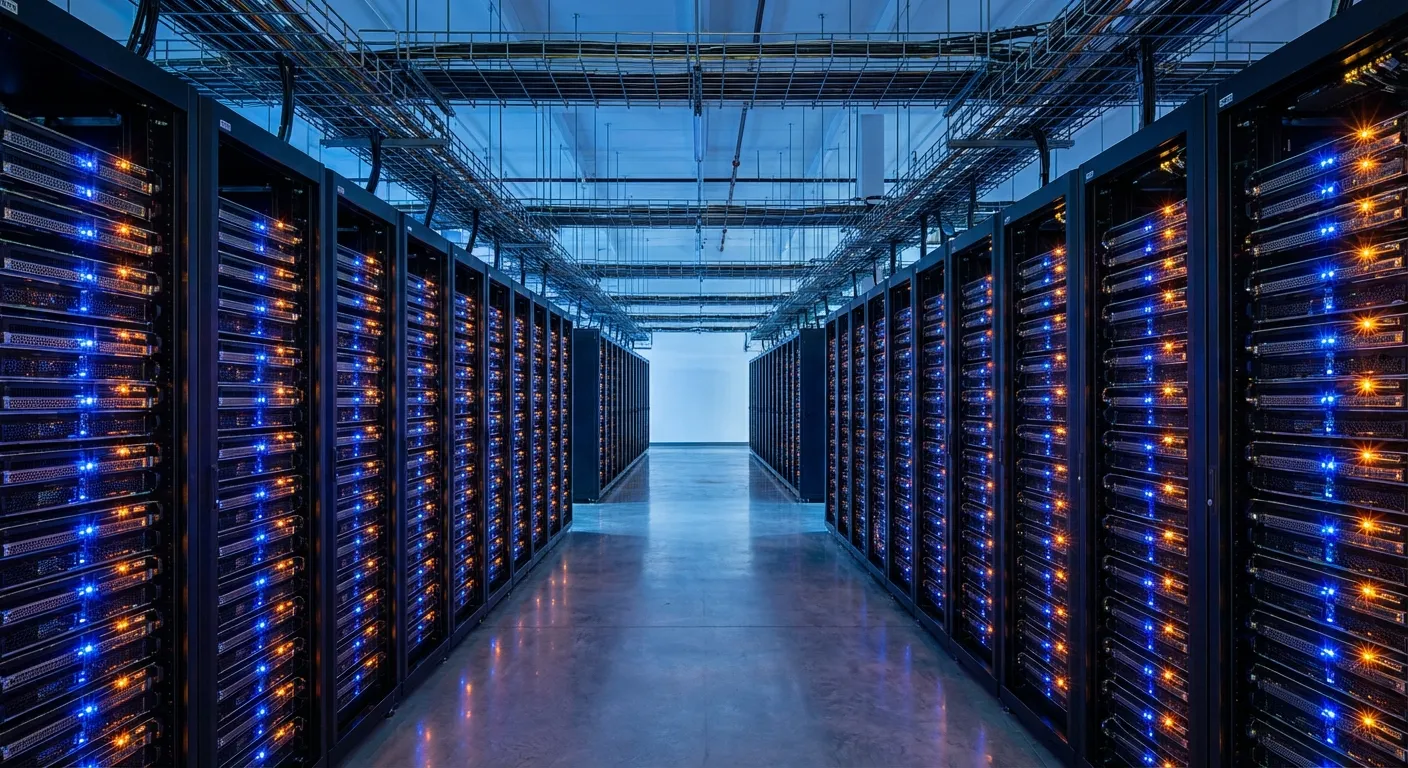 AI data center server room with rows of GPU racks
