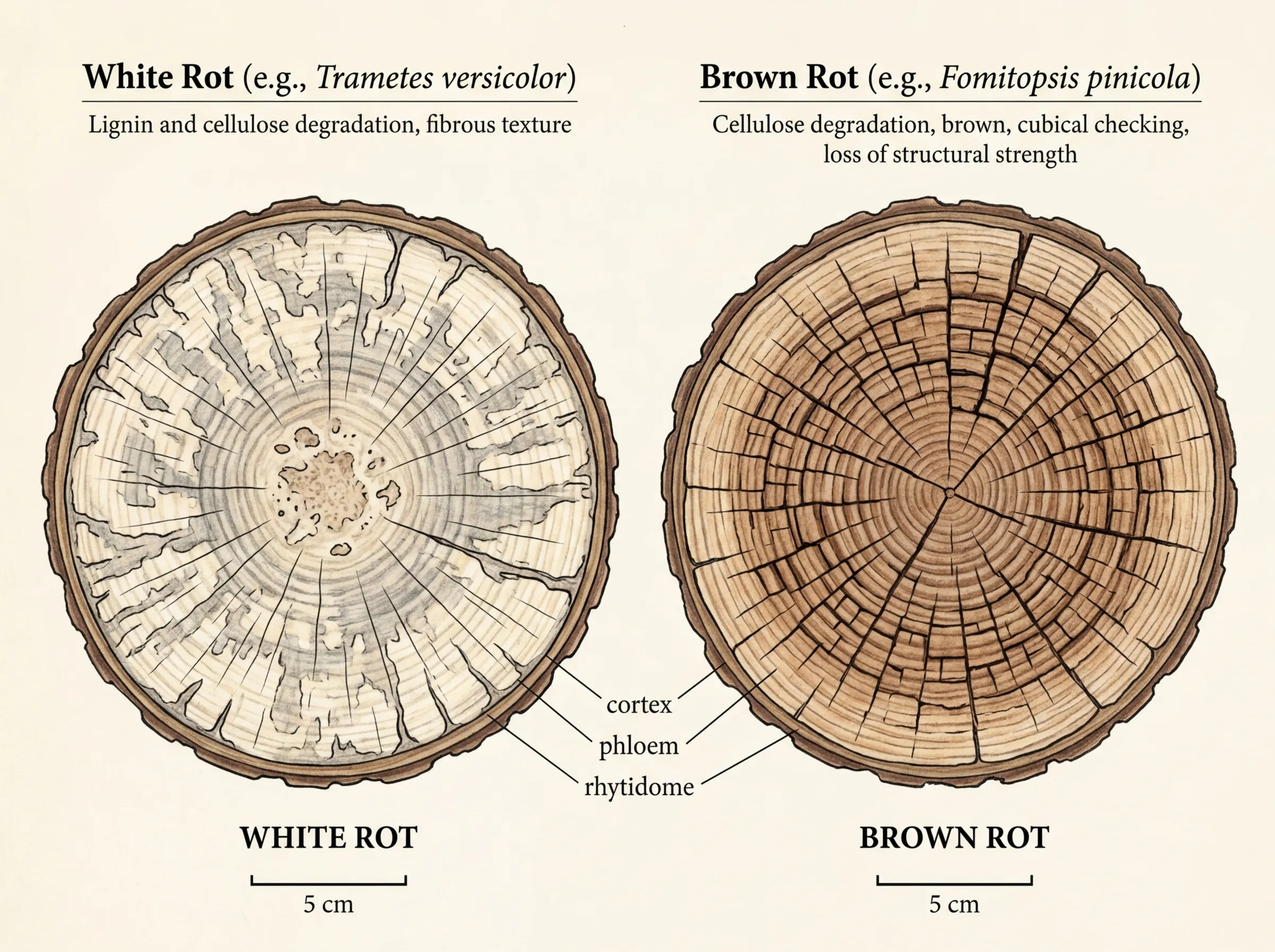 A cross-section illustration comparing white-rot and brown-rot fungal decomposition of wood