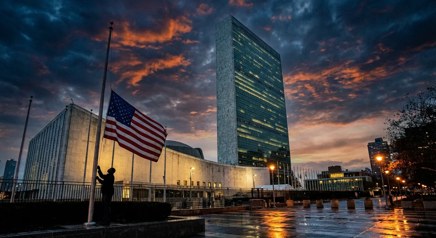 United Nations headquarters building with American flag being lowered in foreground