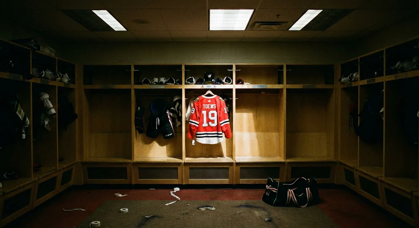Empty NHL locker room with jerseys hanging in stalls representing a team in transition