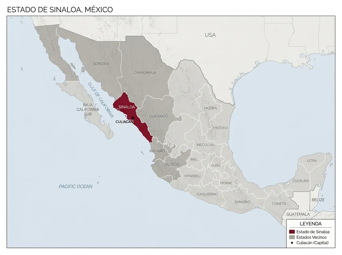 Map of Sinaloa state on Mexico's Pacific coast showing major drug trafficking corridors
