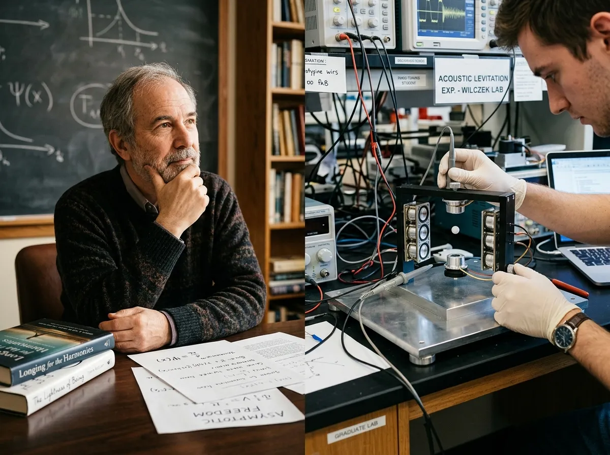 Historical portrait collage of Frank Wilczek alongside modern lab equipment