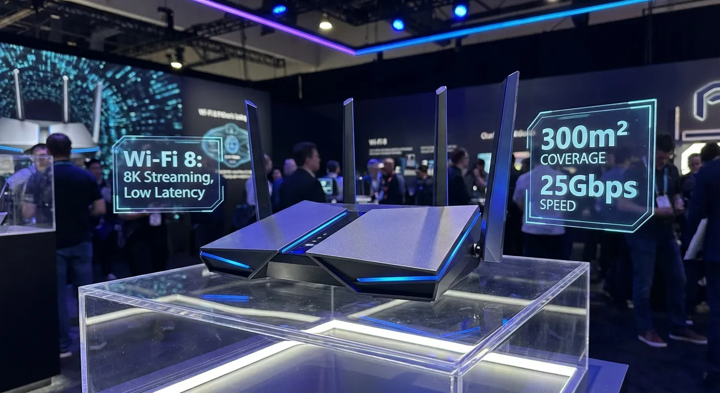 Modern Wi-Fi 8 router displayed at CES tech exhibit