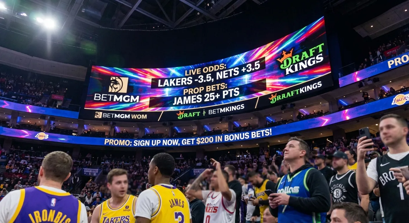 Sports stadium jumbotron displaying real-time betting odds and promotional offers