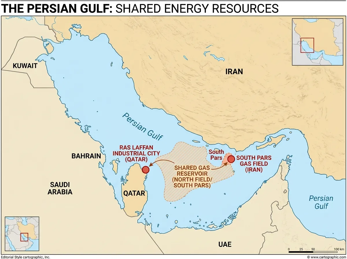 Map showing Qatar Ras Laffan facility and Iran South Pars gas field across the Persian Gulf