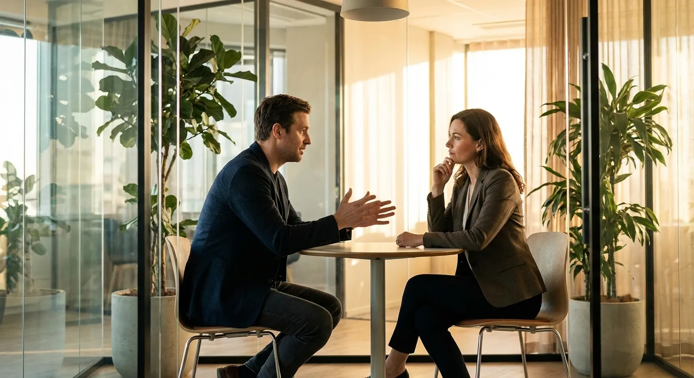 Two colleagues having direct but respectful conversation in office