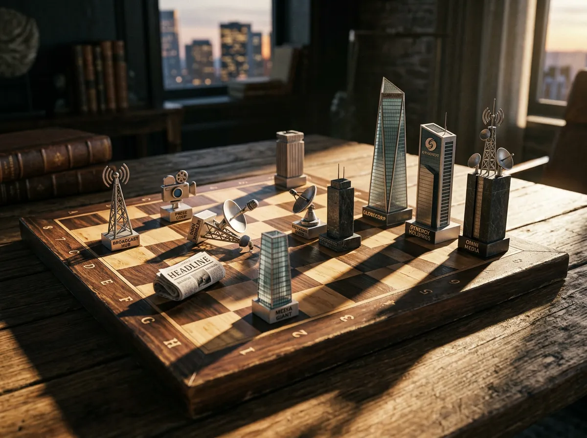 A chessboard with media company pieces showing strategic corporate maneuvering