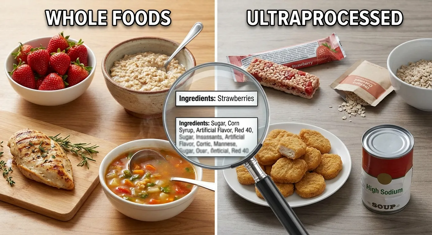 Visual comparison of whole foods versus ultraprocessed alternatives showing ingredient differences
