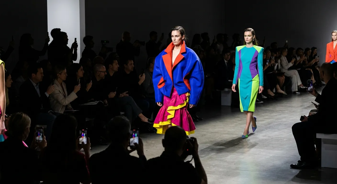 Bold colorful fashion runway with models wearing 2026 trend pieces