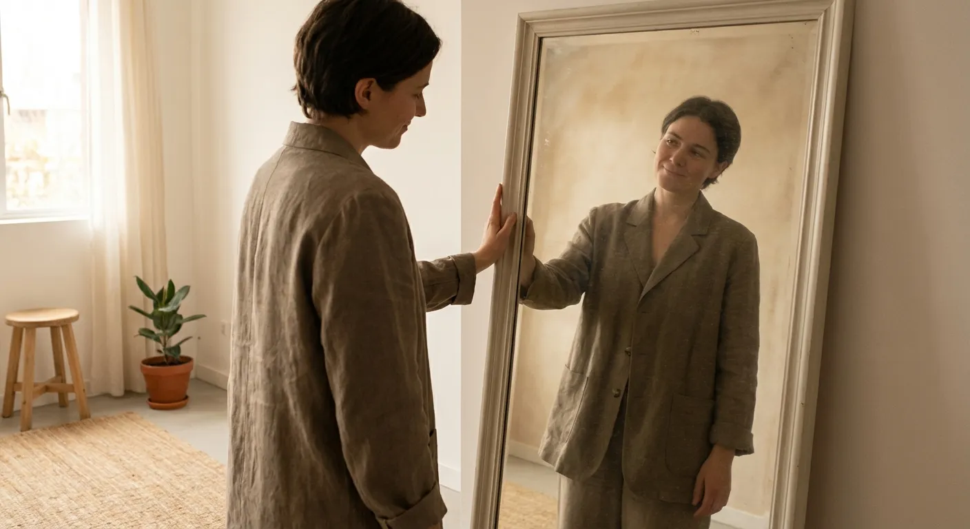 Person looking at reflection in mirror with thoughtful expression