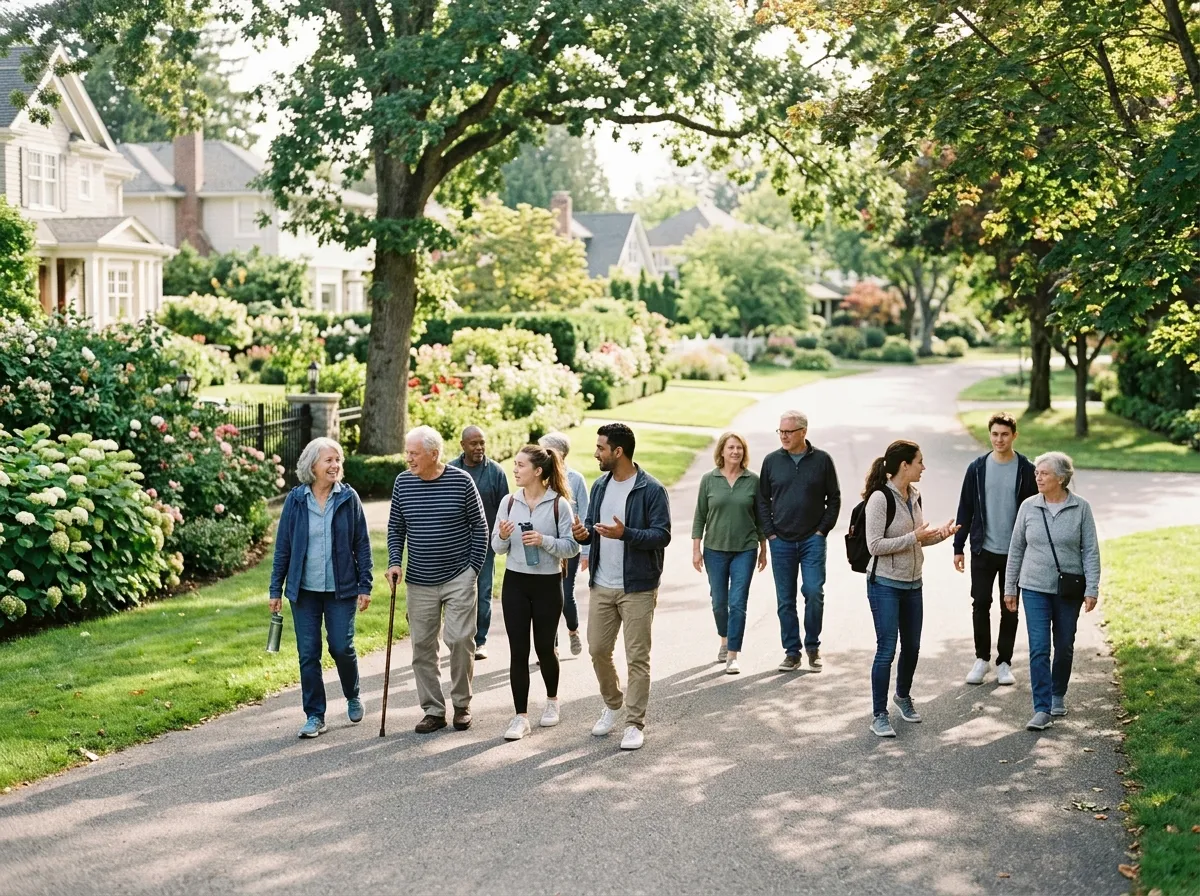 People of various ages walking together through a tree-lined neighborhood path in morning light