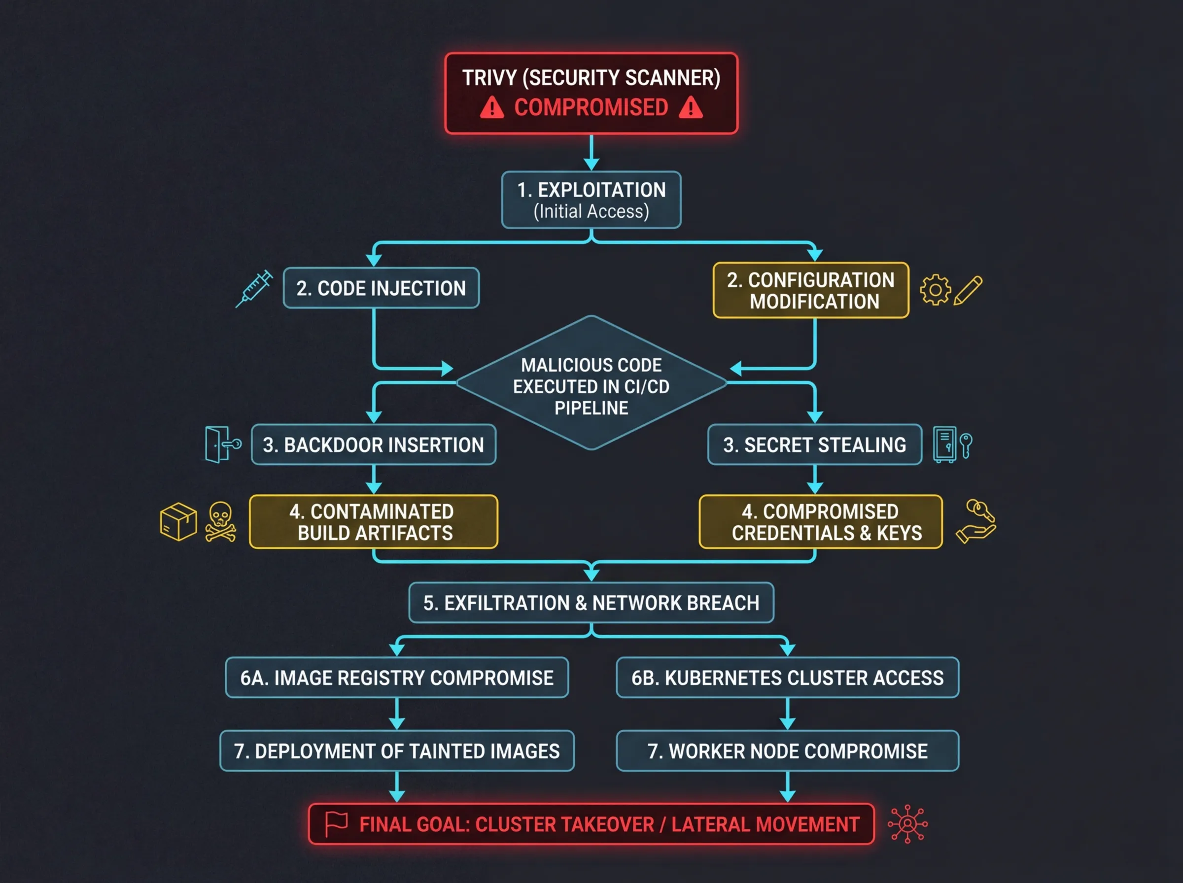 A technical diagram showing the cascading attack chain from Trivy to LiteLLM