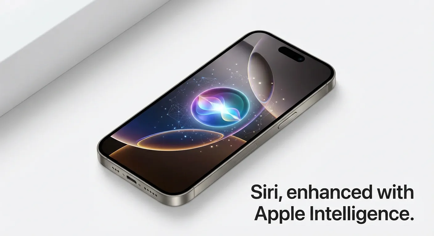 iPhone displaying Siri interface with AI visualization elements